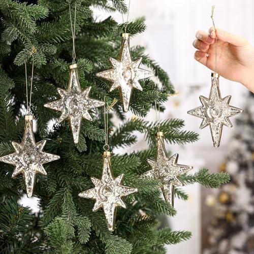 Leinuosen 5 Pcs Christmas Glitter Glass Star of Bethlehem 5 x 4 Inch Blown Glass Decorative Hanging Ornaments for Christmas Tree Xmas Party Decorations Holiday(Silver)