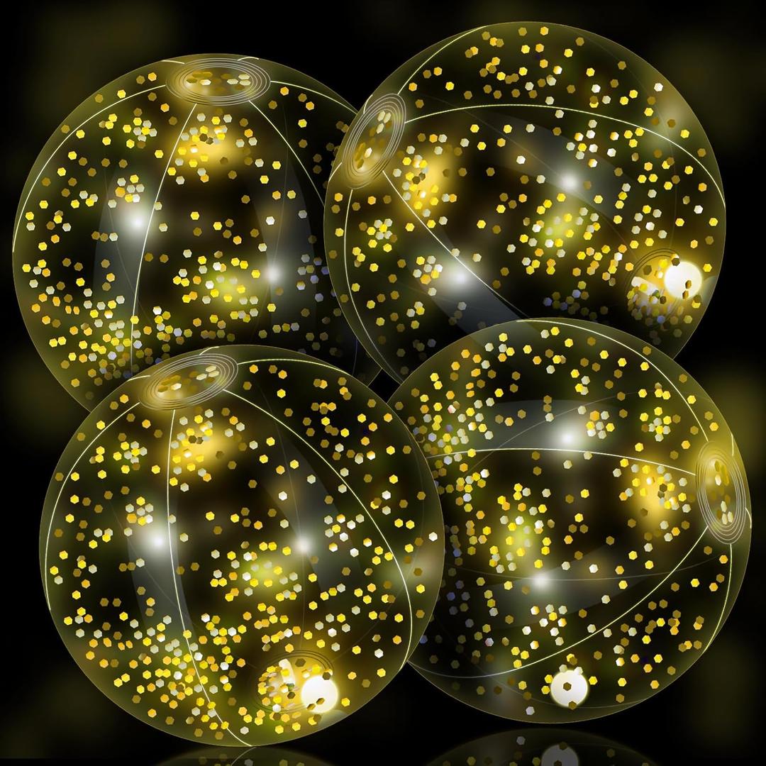 HyDren 4 Pack LED Light up Beach Ball 12 Inches Glow in The Dark Pool Balls Confetti Glitters Inflatable Light up Beach Ball Pool Toys for Teens Adults Summer Disco Party Favors(Orange, Yellow)