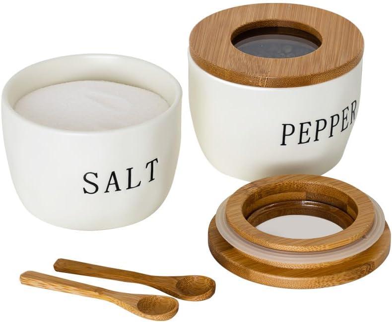 2 Pack Salt and Pepper Bowls Set, Ceramic Salt and Pepper Containers with Visible Airtight Bamboo Lid and Spoon, White Salt Pepper Holder Shakers Set, Salt Cellar Box Dish with Lid (White)