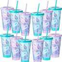 Uiifan 12 Pcs Mermaid Party Cups with Lid and Straw 24oz Mermaid Birthday Decorations Tail Shell Starfish Reusable Cup for Birthday Baby Shower Ocean Party Supplies