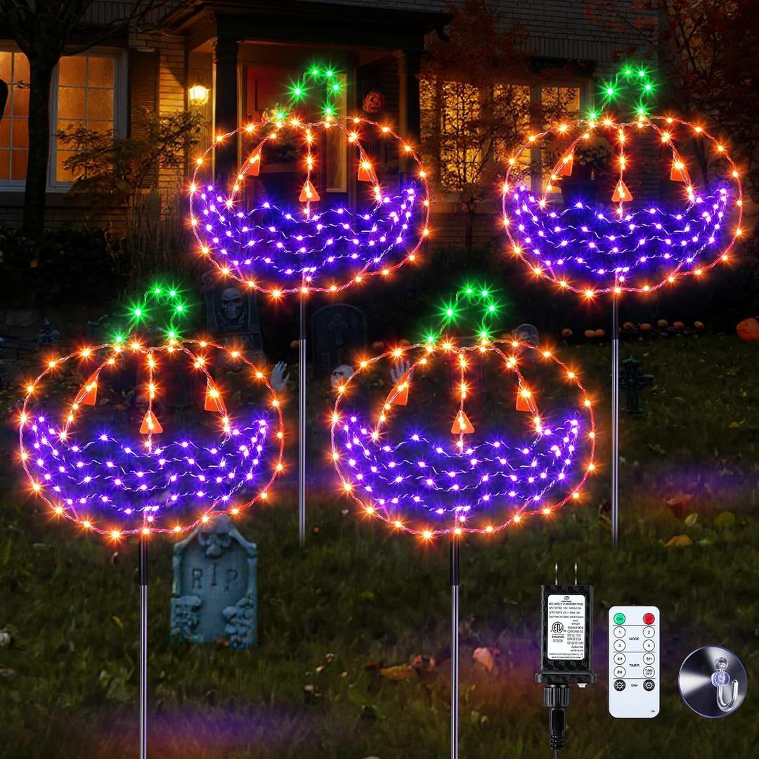 Enhon Halloween Lights Outdoor Decoration, 4 Pack Halloween Walkway Lights, 4 Light Modes Remote Control Timing Function Lighted Pathway Markers for Walkway Patio Garden Decor(Pumpkin)