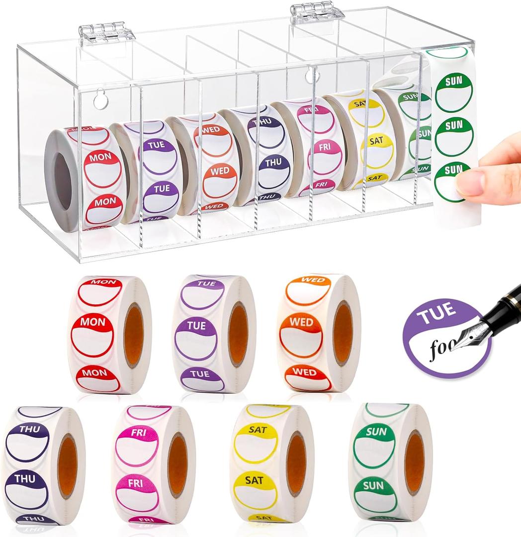 3500 PCS 7 Days of The Week Stickers 1 Inch Sticker Roll Dispenser Holder Acrylic Day Dot Dispenser Food Date Labels Stickers Monday to Sunday for Kitchen Restaurant Expiration Date