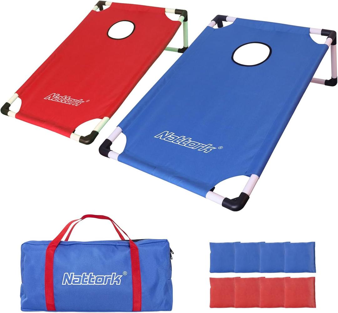 Portable Cornhole Set PVC Framed Corn Holes Outdoor Game Set with 2 Cornhole Boards, 8 Cornhole Bean Bags and Carrying Case, Camping Games Indoor Outdoor for Kids and Adults, Travel Camping Accessory (Red & Blue Framed)