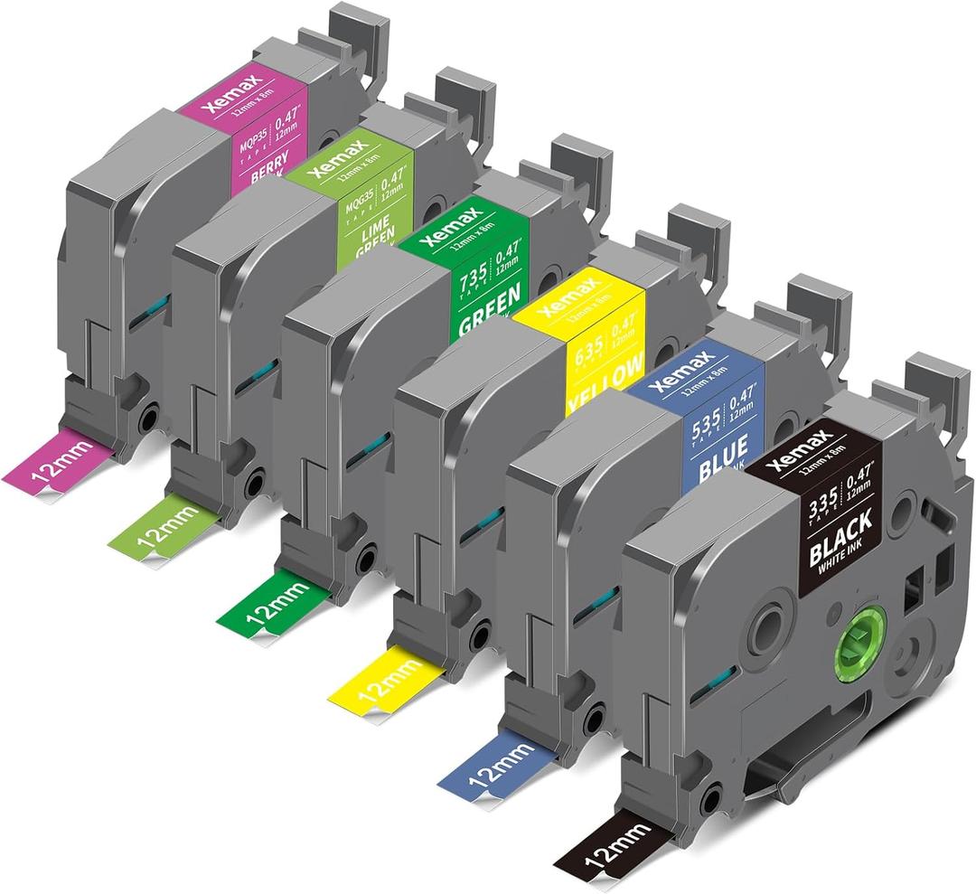 6X 12mm 0.47" Multi-Colored Label Tape Compatible for Brother P Touch Label Maker Tape Tze Tz 12mm 0.47 Ribbon Laminated Tz Colored Refills for PT-D220 D210 H110 1000 1280 D400, 1/2" x 26.2' (White on Berry Pink/ Lime Green/Black/Blue/Yellow/Green)