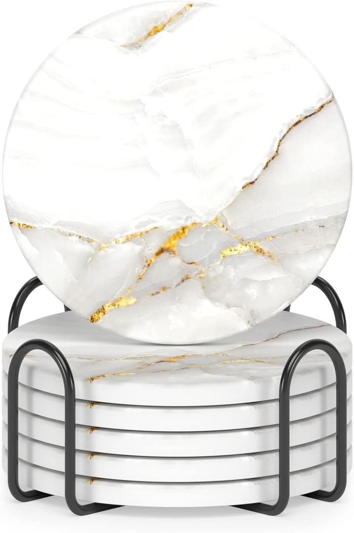 Nipichsha Coasters for Drinks, Set of 6 Cute Absorbent Ceramic Drink Coasters for Cup with Holder and Cork Base, Kitchen Home Decor Housewarming Gift, Round 4 in, Gold White (Luxury White Gold Marble 02)