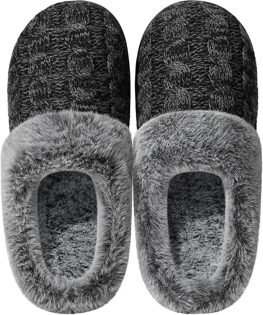shoeslocker Womens Memory Foam Fuzzy Slippers Knitted House Slippers for Women Comfy Slip-On Warm House Shoes (M)