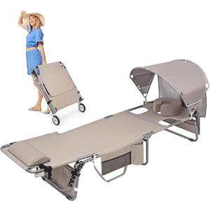 Wheel-To-Go Tanning Chair with Wheels Sun Canopy Umbrella Face Hole Thicker Washable Adjustable, Heavy Duty Folding Lay Flat Sun Lounge Chair Beach Outside Sunbathing Reading, UPF 50+ (Patent Design)