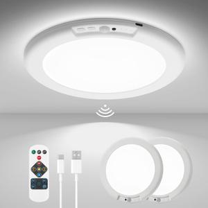 wowatt 2Pcs Battery Operated Ceiling Lights Rechargeable Motion Sensor Light Indoor Wireless Shower Light with Remote 3000K 4500K 6500K 7.48in Dimmable Timing Motion Activated Lamp for Closet Shower (3CCT-Round)