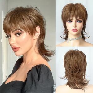 Short Brown Shaggy Layered 80s Mullet Pixie Wig with Bangs Curly Wolf Cut Funny Synthetic Natural Fake Fun Hair Replacement Wigs for White Women Daily Party Cosplay Halloween Costume Use (Light Golden Brown-12#)