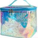Holographic Star Print Pink Makeup Bag - Portable & Waterproof Barrel-Shaped Toiletry Bag, 8.27x6.7x6.3in Cosmetic Case for Women & Men (Blue Star)