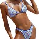 BIKINX Womens Swimsuits Sexy Thong Micro Bikini Ditsy Floral Two Piece Sets Bathing Suit Color Block Bandeau Swim Top (8-10, 2pcs Triangle Blue)