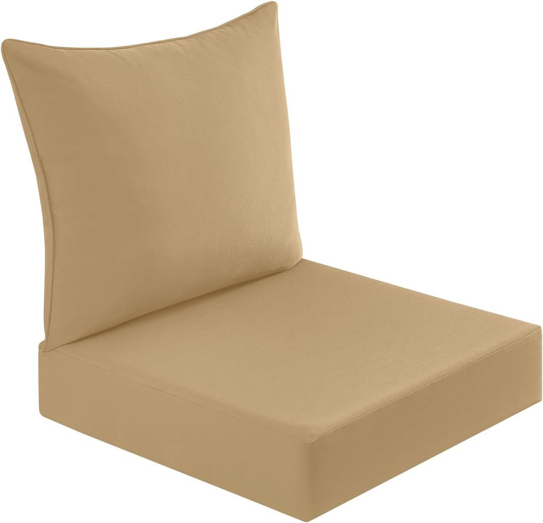downluxe Outdoor Deep Seat Cushion Set, Waterproof Patio Furniture Cushions with Zipper for Outdoor Chair Sofa, 24" x 24", Khaki (Beige), Pack of 2