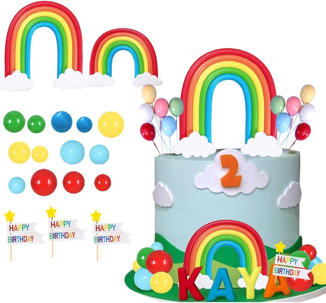 Rainbow Cake Topper Color Balloons Clouds 37 Piescs Cake Topper Set for Colorful Rainbow Watermelon Theme Birthday