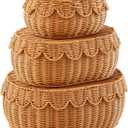 Juexica 3 Pcs Scalloped Basket with Lid Hand Woven Plastic Wicker Set 18 x 14 x 6 Inch Plastic Rattan Storage, Decorative Scalloped Edge Basket for Bread Picnic Table Bathroom Decor