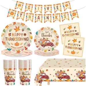 102 Pcs Thanksgiving Party Supplies Sets - Includes Happy Thanksgiving Dinner Paper Plates Napkins, Give Thanks Banner Dessert Plates Cups Tablecloth for Fall Thanks Giving Party Decorations, Serve 25