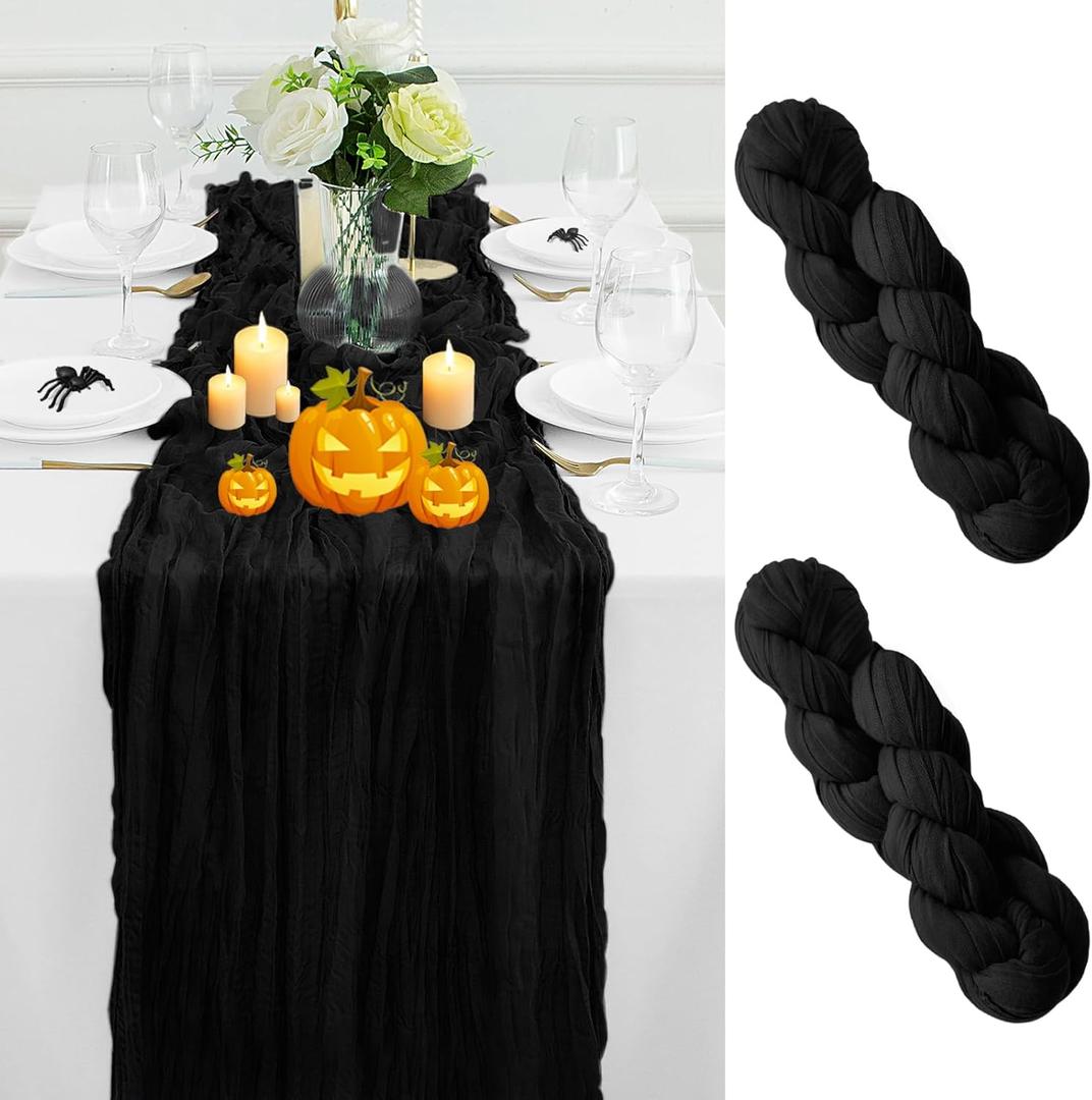 2Pack Black Halloween Table Runner 10FT Cheesecloth Table Runner 35x120Inch Long Boho Cheese Cloth Table Runners Rustic Gauze Table Runners for Party Wedding Bridal Shower Baby Shower Decorations