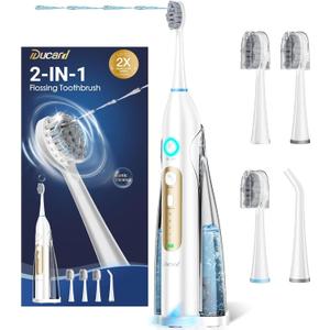 Electric Toothbrush with Water Flosser Combo, Professional Flossing Toothbrush with 3 Sonic Brush Modes & 5 Water Pressures, Cordless Water Flosser for Adults Teeth Cleaning Plaque Removal, White