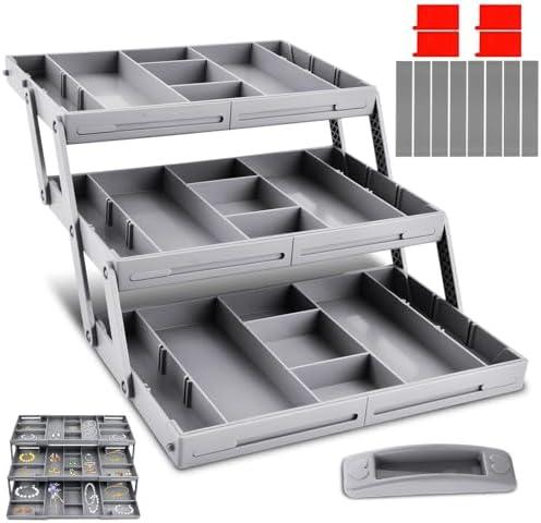 Multi Level Smart Drawer Organizer, 3 Tier Expandable Desk Organizer with Dividers Stickers and Drawer Pull, Collapsible Storage Tray for Make Up, Jewelry and Small Office Supplies