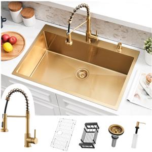 30 Inch Gold Drop In Kitchen Sink with Faucet Combo - 30x22 Stainless Steel Single Bowl Drop In Sink in Gold, 10 Inch Deep Modern Top Mount Kitchen Sink with Accessories