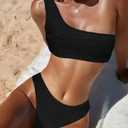 YIMISAN Women's Ribbed Bikini Sets One Shoulder Top with Mid Waist Two Piece Bathing Suit (Black, M)