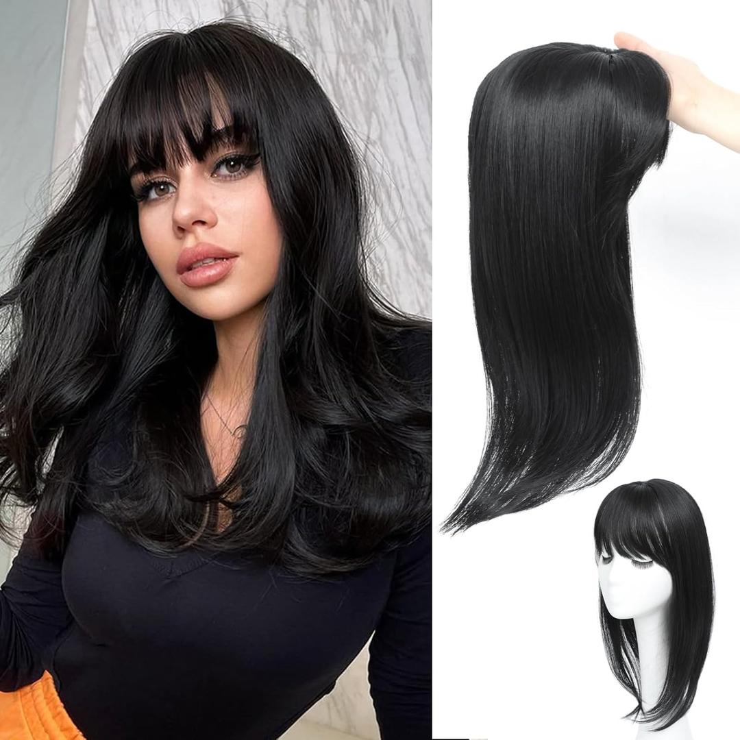 Hair Topper, 360 3D Hair Toppers for Women with Thinning, 18 Inch Long Pieces for Women Clip in Wispy or Side Bangs(Black, 3D Wispy Bangs)