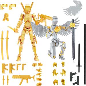 T13 3D Action Figure Set (Assembly Completed), 3D Printed Multi-Jointed, Titan 13 Action Figures, Multi-Articular Lucky Mobile Robot Nova T-13, Desktop Decorations for Game Lovers Toys (Gold/Silver)