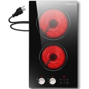 2 Burner Electric Cooktop, 110V Plug in 2000W, 12 Inch Built-in or Countertop Stove with Gray Knob, Electric Burners for Cooking 9 Power Levels, Safety Lock & Timer for Kitchen (grey knob and touch)