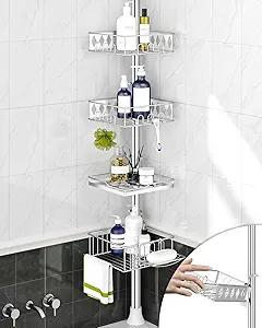SElRIONE Corner Shower Caddy Tension Pole, Quick Setup, Rust-Free Bathroom Shower Organizer Corner for Bathtub Shampoo Storage, 4-Tier Adjustable Shelf, Drill Free, Fits 34 to 116 Inch Height