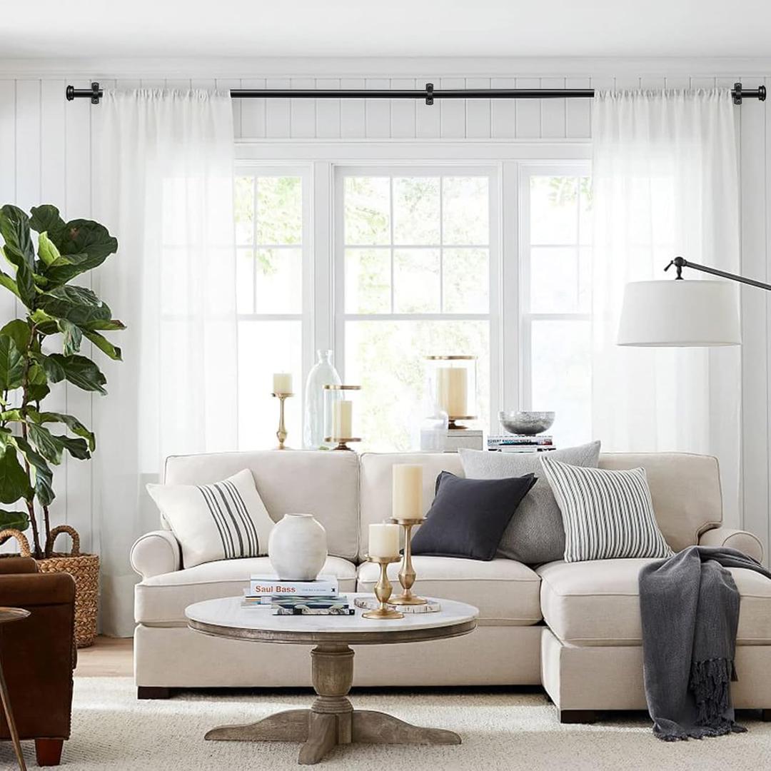 1 Inch Black Rust Resistant Indoor/Outdoor Window Curtain Rod 72 to 144 Inches, Single Drapery Rod for Heavy Fabrics, Clean Designed Finials and Mounting Brackets Included(Matte black,72-144")