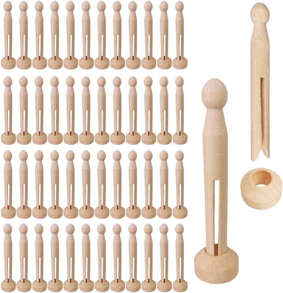 Winlyn 50 Sets Unfinished Wood Doll Pins Doll Clothespins Wooden Round Peg Wood Clothespins and Stands Craft Supplies for DIY Art Painting Projects Doll Ornaments Rustic Country Embellishments