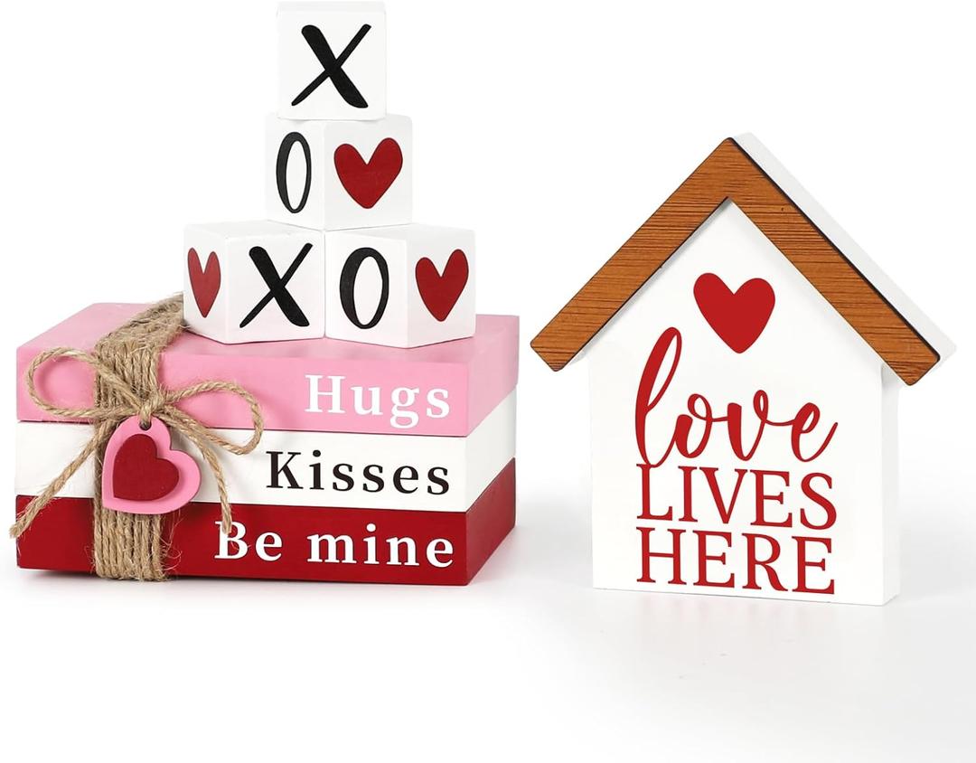DAZONGE Valentines Day Decorations, Wood Book Stack with XOXO Blocks for Table Shelf Tiered Tray Decor, Freestanding Valentines Day Decor