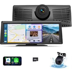 Wireless Portable CarPlay Screen8.1" Portable Touchscreen Car Stereo with 2K Dash Cam/Carplay & Android Auto1080P Backup CameraGPS NavigationVoice ControlLoop RecordingMirror Link