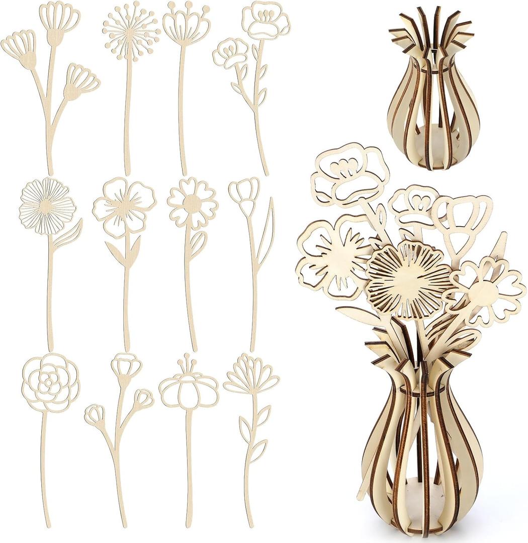 Thyle 13 Pcs Wooden Wildflower Flower Vase Laser Cut DIY Crafts Wooden Flowers Jigsaw Vase for Memorial Home Decoration Birthday Lover Gift Desktop Decoration