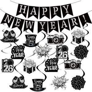 New Year Decorations 2026, Happy New Years Banner& 16Pieces Hanging Swirls for Happy New Year Eve NYE Party Supplies( Black Silver)