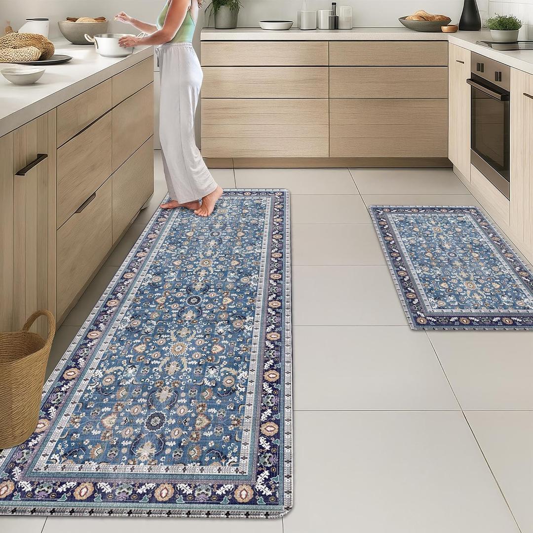 Arttown Kitchen Mats for Floor 2Pcs-Anti Fatigue Non Slip Mats for Kitchen Floor, Cushioned Waterproof & Stain-Resistant Boho Stripe Mat Set, Laundry Room, Office, Sink, Desk (Blue)
