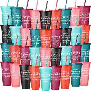 Dandat 36 Pcs Employee Appreciation Gifts Bulk 24 oz Thank You Plastic Tumblers Gift for Coworker Team Staff Teacher Colorful Inspirational Cups with Lids Straws (Dark Color)