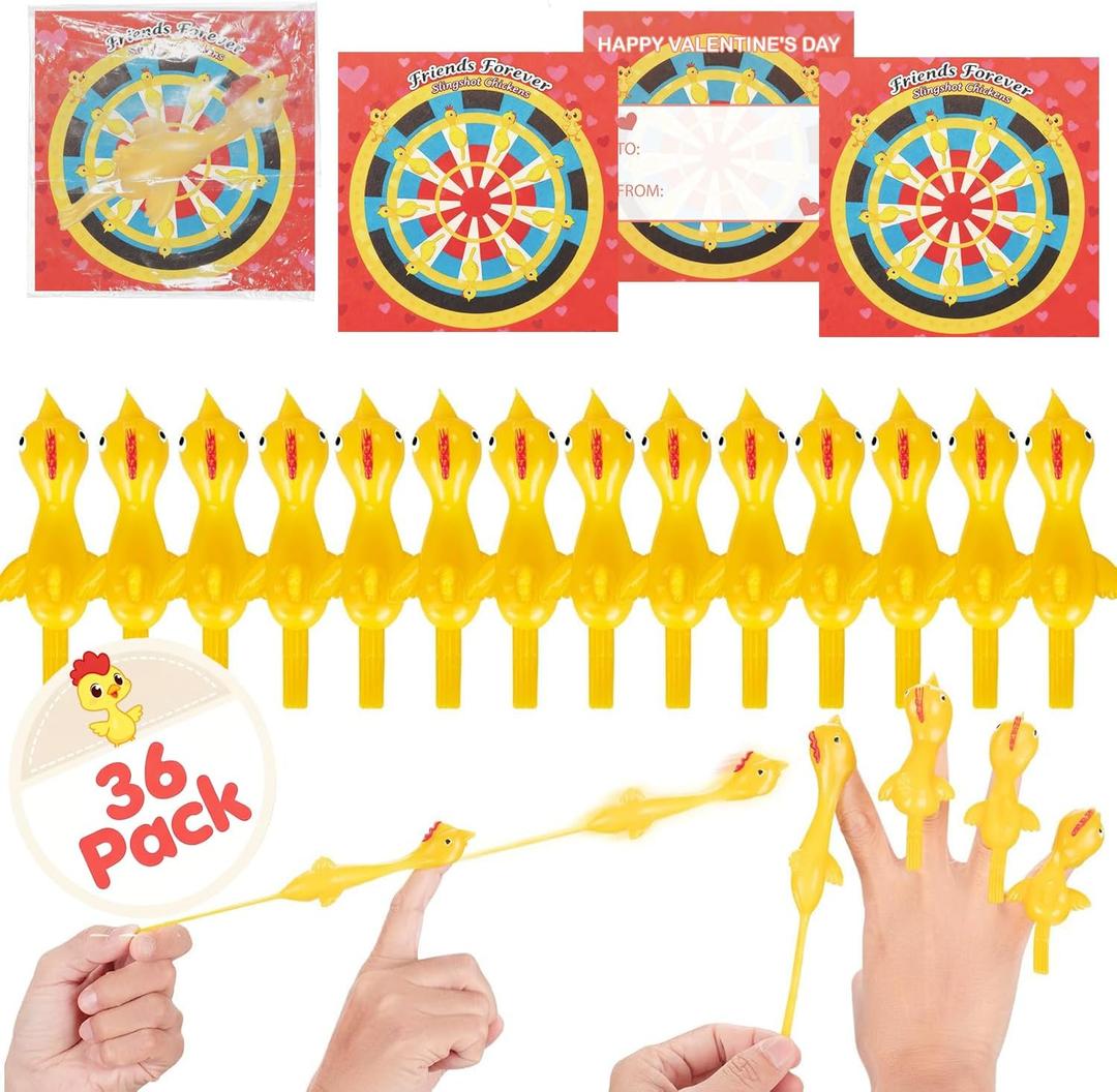 36PCS Valentines Day Cards with Flying Chicken Slingshot Finger Stretchy Fun Toys, Valentines Day Cards for Kids Classroom School, Valentine Day Exchange Gift for Kids Class School Party Favors