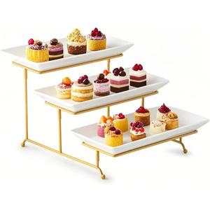 Gomakren 3 Tier Serving Stand with Porcelain Serving Platter Tray - Collapsible Gold Stand with 3 Piece Large14 Inch White Plates for Food Presentation Dessert Server Display and Entertaining (15.7" x 13.5" x 9.2")
