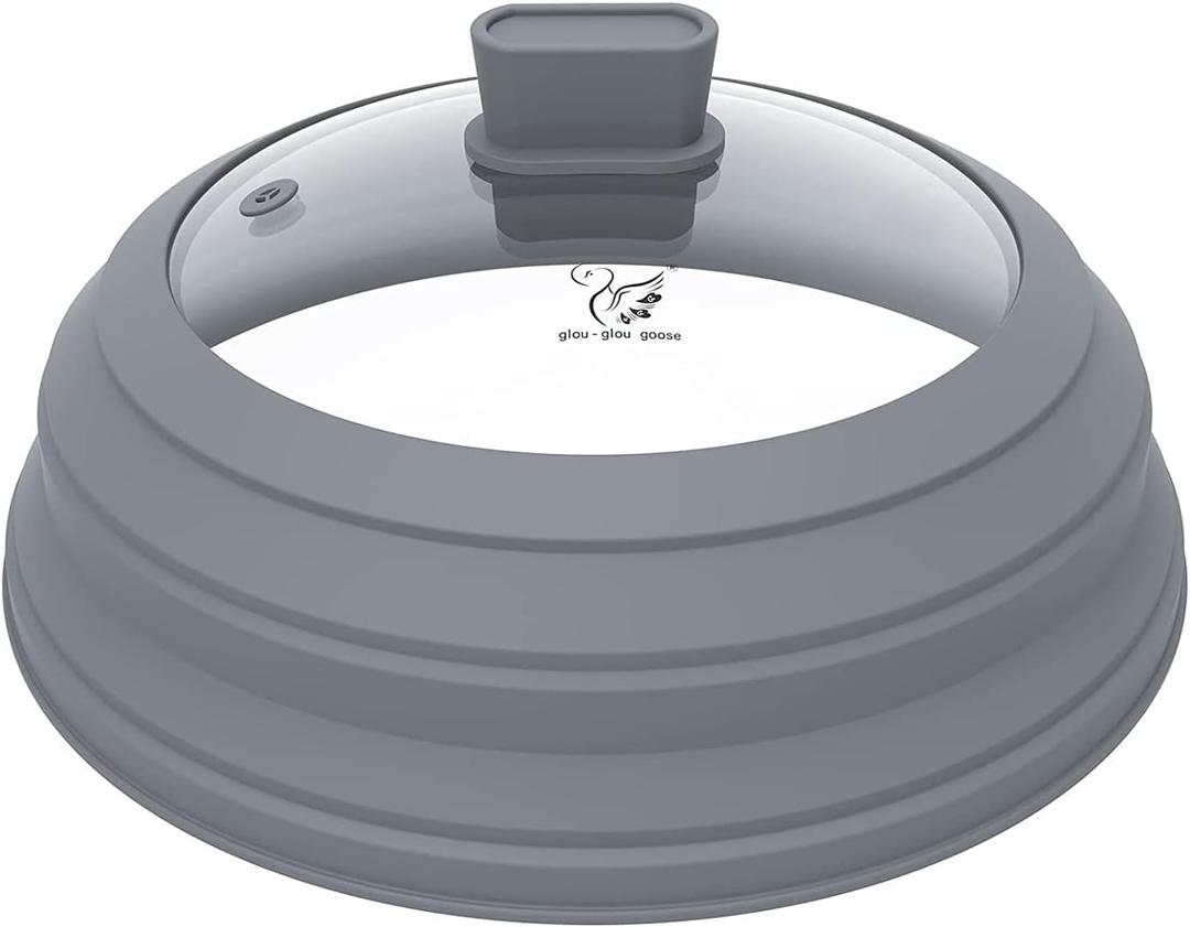 Microwave Splatter Cover Glass Splatter Guard Lid with Collapsible Silicone for Food Pot Plate Cover 10.8 inch Light Grey