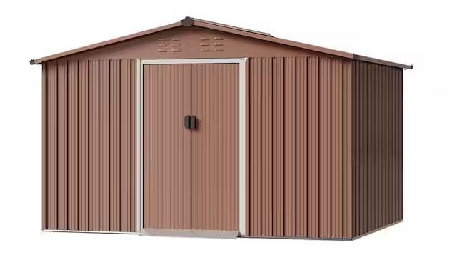 Garvee Professional Install 10 ft W x 12 ft D Metal Storage Shed in Brown with Lockable Sliding Door 120 Sq Ft
