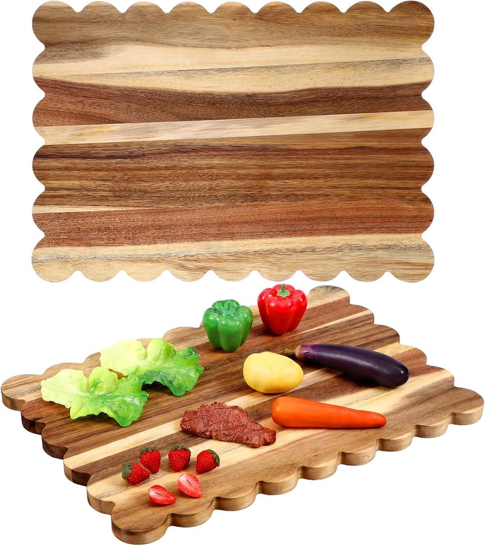 Scalloped Acacia Wood Cutting Board 17 x 12 Inch Acacia Wood Charcuterie Cutting Board for Kitchen Laser Engraving DIY Housewarming Cheese Meat Fruit Bread Chopping Blocks, 16.9"L x 12.2"W