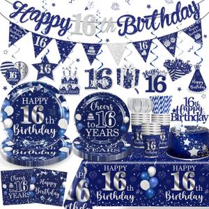 162pcs 16th Birthday Decorations for Boys Navy Blue Silver Include 16th Birthday Plates and Napkins Set, Banner, Hanging, Tablecloth, Cake Topper, for Boys Girls 16th Birthday Party, Serve 25