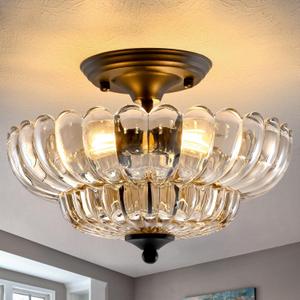 Modern Semi Flush Mount Ceiling Light, 3-Light Black Close to Ceiling Light Fixture with Cognac Glass Shade for Living Room Entryway Bedroom