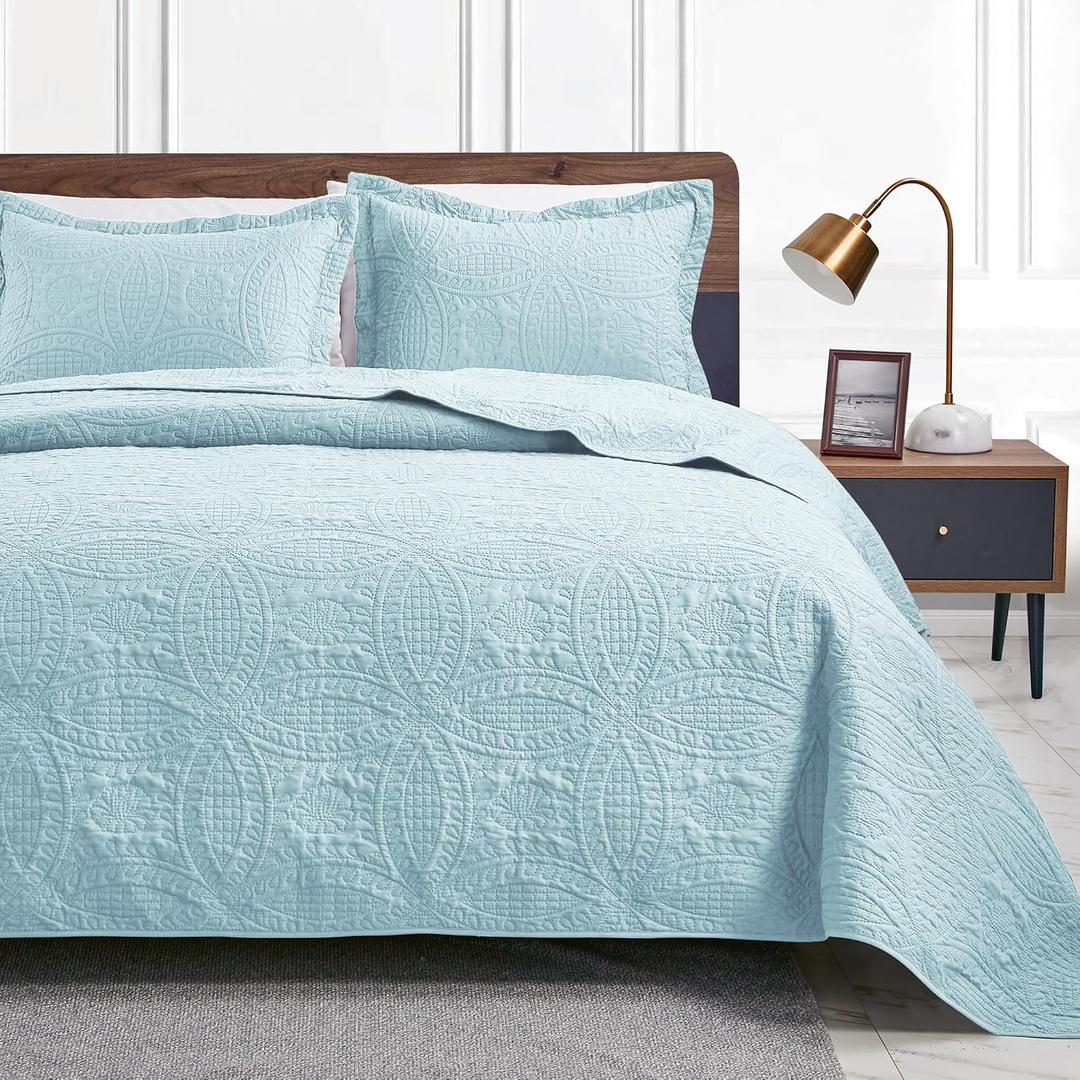 Love's cabin Oversized King Size Quilt Bedding Set Spa-Blue Bedspreads - Oversized King Lightweight Bedspread Comforter - Coin Pattern Coverlet for All Season - 3 Pieces (1 Quilt, 2 Pillow Shams)