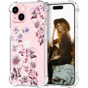 Hungo Compatible for iPhone 15 Case Floral Flower Cute Clear Design, Girly for Women Girls Floral Transparent Pink Anemones