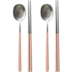 304 Stainless Steel durable Lightweight Korean-style Beautiful Cutlery Spoon and Chopsticks Set Scratch Resistant 2Pieces (Peach Pink+Peach Pink)