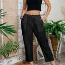 Acelitt Women Casual Lightweight Drawstring Elastic Waist Pants with Pockets, (Black, L)