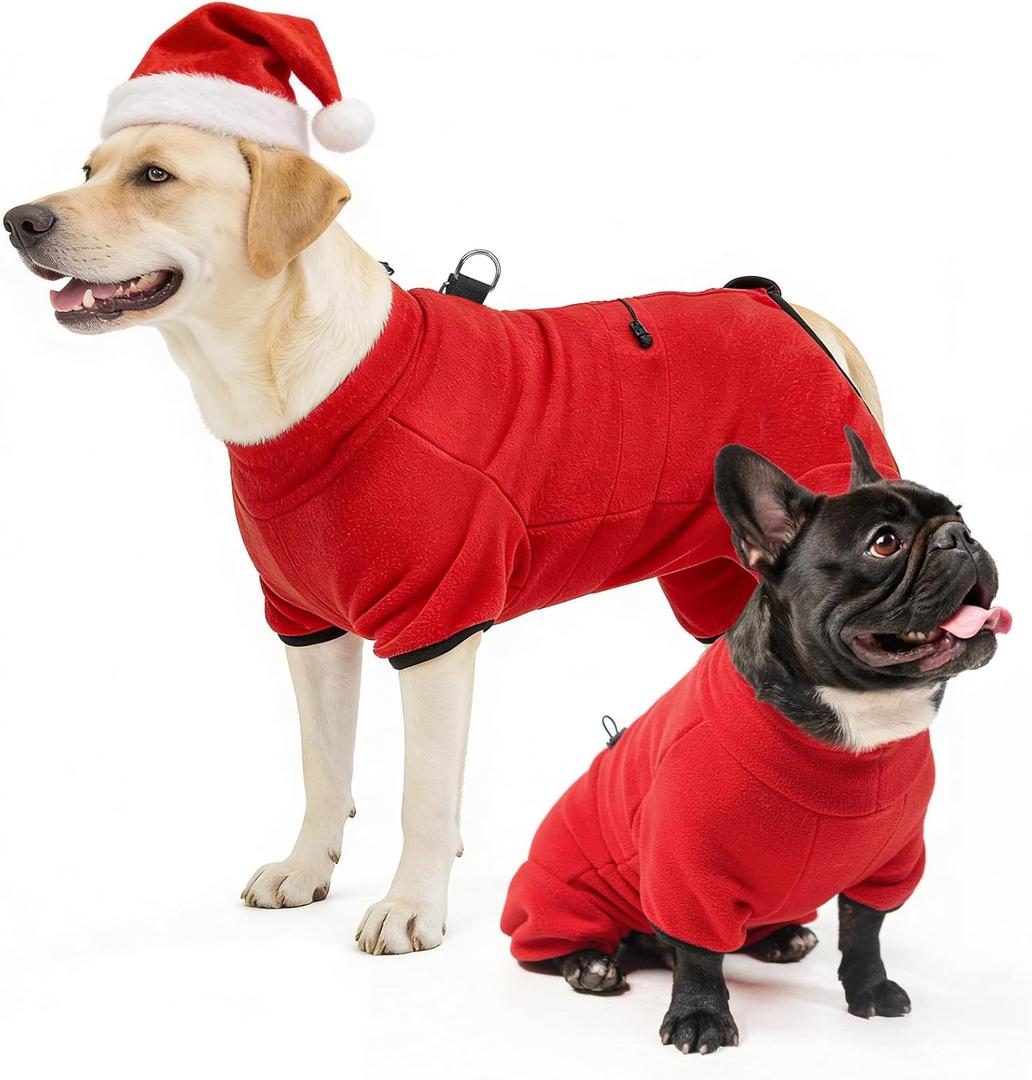 SCENEREAL Fleece Dog Coat Sweaters with Harness Built in, Soft Pullover Dog Pajamas with Zip Boys Girls, Christmas Cold Weather Pet Jacket Clothes Outfits for Puppy Small Medium Large Dogs, Red L (Large(Back Length 20.5"))