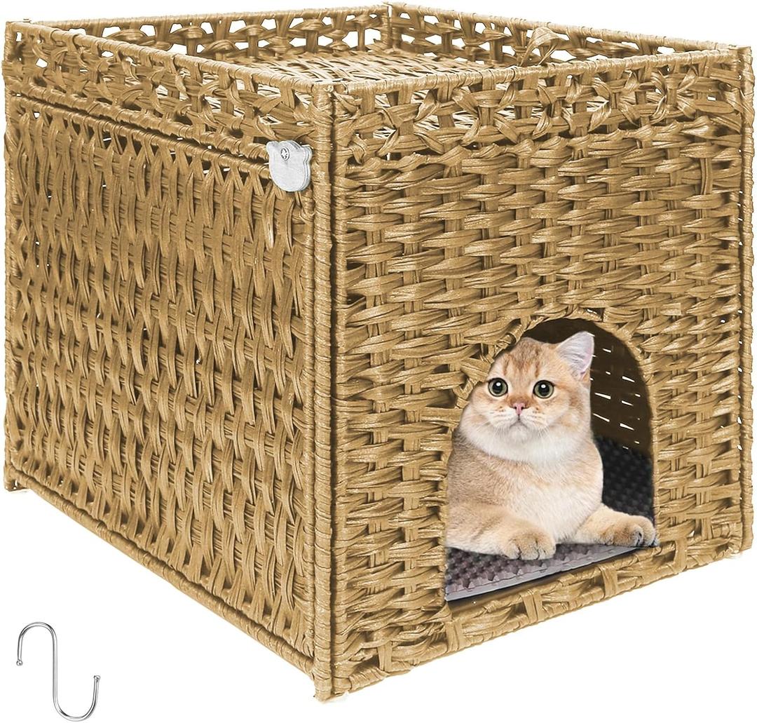 Cat Litter Box Enclosure Furniture Hidden Cabinet - Handwoven Rattan Pet House with 2 Removable Mats - Large Foldable Design for Privacy - Fits Living Room, Bedroom, Balcony Natural (18.5"x19.7"x20.5")