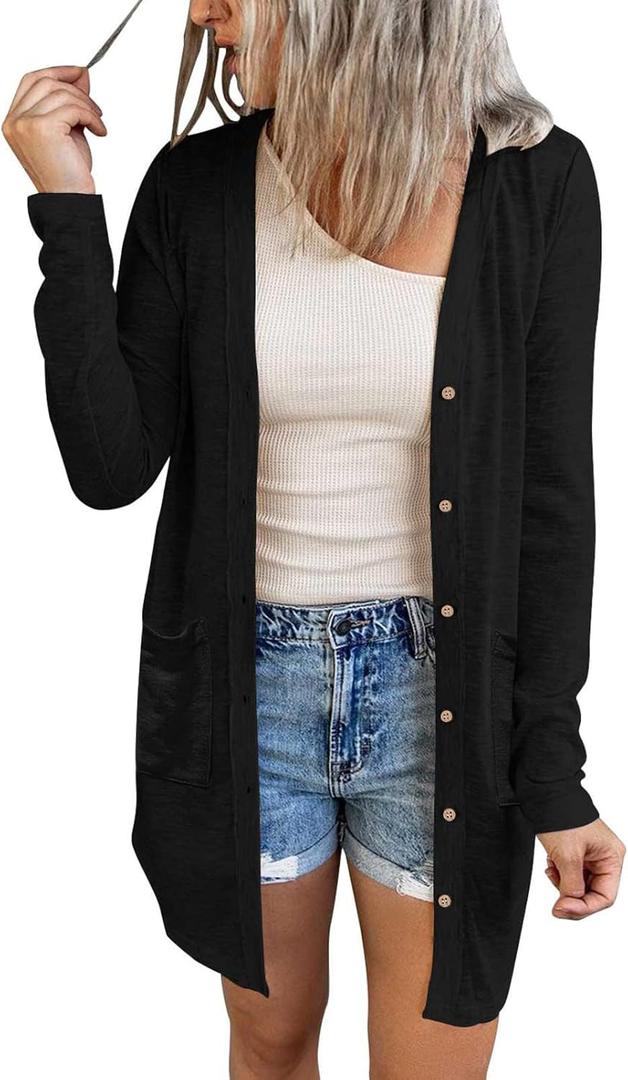 MEROKEETY Women's Open Front Lightweight Cardigan Long Sleeve Button Down Loose Outwear with Pockets (Medium, Black) MEROKEETY Women's Open Front Lightweight Cardigan Long Sleeve Button Down Loose Outwear with Pockets (Medium, Black)